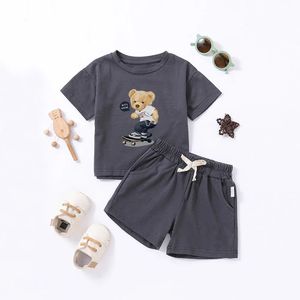 Baby short sleeping shorts set cartoon mens and womens printed summer brown bear moon 240225