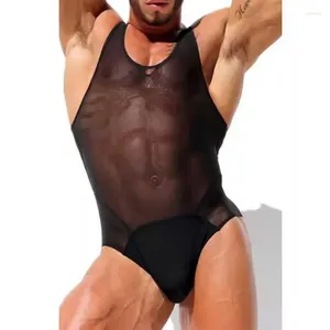 Fatos masculinos homens bodysuits malha transparente o-pescoço sem mangas sólido macacão masculino regatas de fitness sexy cintas bodysuit