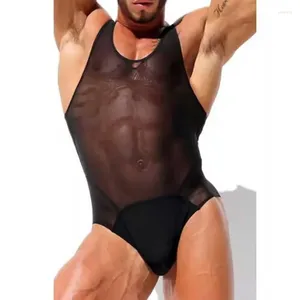 Erkekler Trailsits Erkekler Bodysuits Mesh Şeffaf O boyun kolu kolsuz katı yükler erkek tank üstleri fitness seksi kayışlar bodysuit