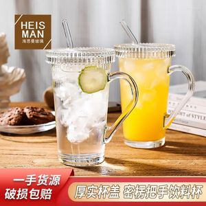 Tumblers Withered Haisiman High Beauty Straw Handle Cup Vertical Pattern Glass Instagram Wind Dense Corrugated Juice With Lid Bev
