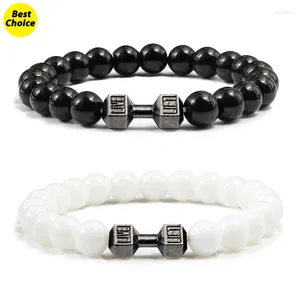 Strand frisado pulseira para homens natural preto lava pedra haltere barbell pulseiras de fitness treino moda jóias acessórios