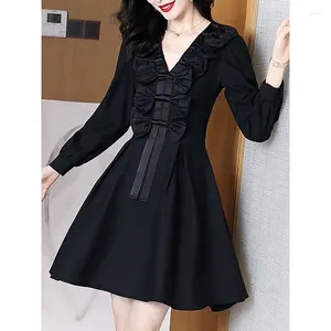 Casual Dresses Elegant V-Neck Spliced Folds Lace Up Bow Mini Dress Women Clothing 2024 Spring Loose Solid Color Office Lady Ladies