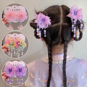 Haarzubehör 1 Paar Organza Blumen Schmetterling Biege Perle Quaste Pin Clip Kopfwege Chinesische Hanfu Cosplay Haarnadeln für Mädchen