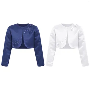 Jaquetas femininas crianças meninas festa formal cetim bolero casaco jaqueta requintado strass applique manga comprida cardigan vestido de casamento capa encolher de ombros