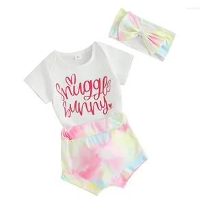 Conjuntos de roupas Bebê Menina Páscoa Outfit Coelho Carta Imprimir Manga Curta Romper Ruffle Shorts Infantil 1ª Roupa