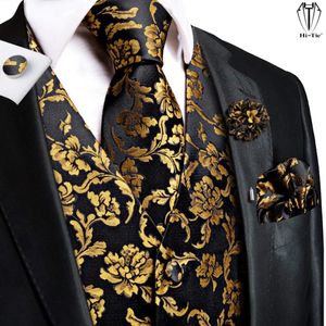 Hi-Tie Luxus-Seidenwesten für Herren, Schwarzgold, Blumenmuster, Jacquard, Weste, Krawatte, Einstecktuch, Manschettenknöpfe, Brosche, Set für Herren, Anzug, Hochzeit, Büro, XL 240219