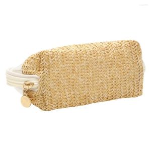 Förvaringslådor Makeup Straw Bag Hand-Woven Waterproof Capacity Portable Zipper toalettartiklar Fall för resor PVC