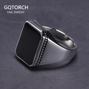 Rings Real Solid Sterling Sier Ring Simple for Men with Black Square Flat Gel Stone High Polishing Middle East Turkish Jewelry