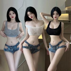 Shorts Women Fashion Sexy Sweater Vest with Hot Pants Jeans Low Waist Hollow Out Plug Size Beach Wear Girls Shots Panty Summer Wear