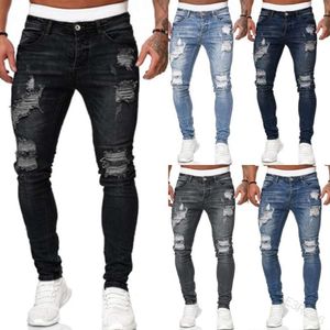 Nya denim man med hål, trendiga och fashionabla smala passande jeans, små benbyxor för män