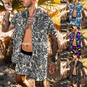 Mens Tracksuits 2022 Summer Men Shorts Set Streetwear Printing Short Sleeve Beach Male Shirt Hawaiian Button Casual Tracksuit Two Piece Ou