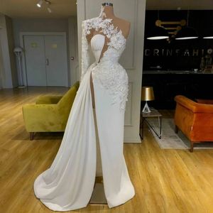 Gorgeous Evening Gown One Shoulder Illusion High Split Evening Dresses Elegant Prom Dresses Appliqued Lace Formal Dress for Black Women Birthday Party Gowns AM403