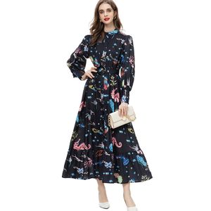 Women's Runway Dresses Stand Collar Long Lantern Sleeves Printed Single Breasted Casual Holiday Vestidos with Belt