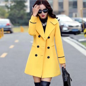 Mistura de outono de inverno moda feminina amarela vermelha laranja casaco de lã dupla casaco de trespassado