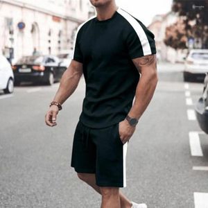 남성용 트랙복 패션 여름 트랙복 스트라이프 프린트 통기성 슬림 핏 티셔츠 반바지 세트 땀 흡수