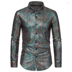 Camisas de vestido masculinas 70s traje de discoteca brilhante metálico ouro manga longa festa palco camisa masculina xxl