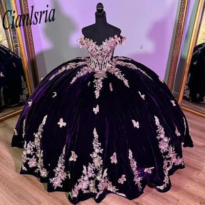 진한 자주색 3D 나비 벨벳 볼 가운 케이프 골드 아플리케와 함께 Quinceanera 드레스 레이스 코르셋 멍청이 드 15 anos