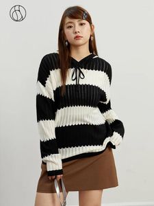 Women's Hoodies DUSHU Hooded Stripe Loose Sweater Knitwear Autumn 2024 Lazy Women Casual Black White