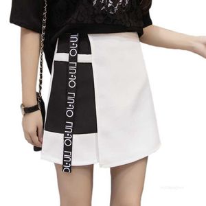 デザイナーサマーシフォンスカート韓国ファッションスタイルの女性パッチワークレタープリントスカート女性Aラインアンチライトハイウエストデザイナー7au6