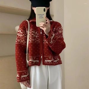 Malhas femininas 2024 coreano chique solto curto floco de neve nórdico gola alta em dois sentidos de malha zip-up camisola de inverno outerwear