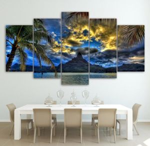 Pintura em tela de parede para sala de estar, imagens modulares decorativas, 5 painéis, nuvens, montanha, palmas, paisagem, sem moldura3194117