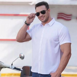 Mens Casual Shirts 2024 Summer Men Short Sleeve Solid Busseness Dress Shirt Fashion White Elasticity Topps Klädkontor