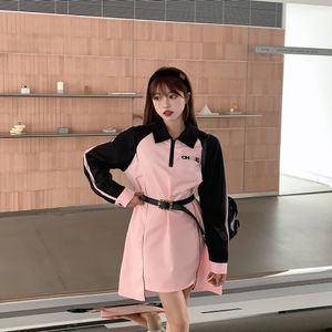 Designer Women's Casual Black and Pink Patchwork Colours with Belt Cute Girl Style Fashion Versatile Spring Summer Women Slim Dresses