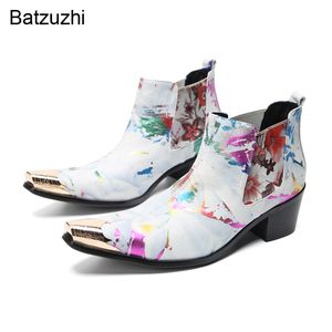Batzuzhi 2024 Boots Designer's Boots 6.5cm الكعب العالي من الجلد الأصلي أحذية الكاحل رجل أزياء بيضاء ، حفلة ، أحذية الزفاف ، أحجام كبيرة