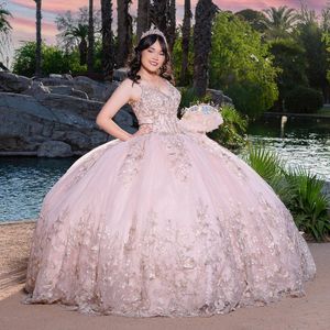 Pink Shiny Quinceanera Dress 2024 Off the Shoulder Ball Gown Lace Bow Beading Tul Sequin Sweet 16 Dress Vestido de 15 Anos