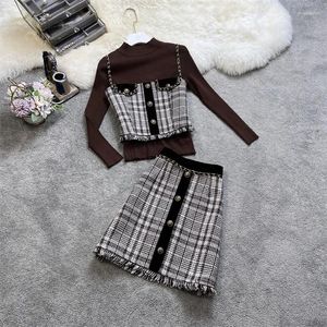 Work Dresses Plaid Tweed 3 Piece Set 2024 Spring Flare Sleeve Sweater Tops V-Neck Tank Buttons Skirt Sexy Club Tassels Outfits Autumn