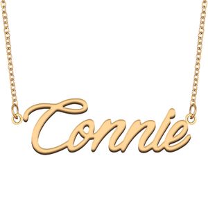 Connie nome colar personalizado placa de identificação pingente para mulheres meninas presente aniversário crianças melhores amigos jóias 18k banhado a ouro aço inoxidável