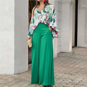 Kvinnors nya produkt 2023 Summer Loose Large Casual Print Shirt Top Wide Leg Pants Two Piece Set