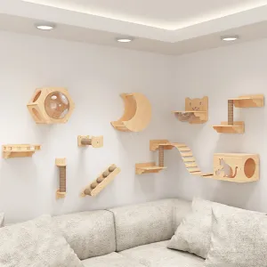 Scratchers Wall Mounted Solid Wooden Cat Climbing Frame with Sisal Scratching Post Rope Ladder Double Jumping Platform Furniture