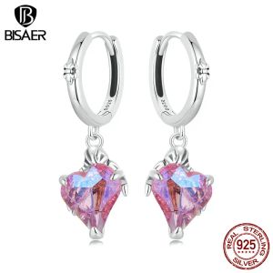 Серьги BISAER, серьги-кольца из стерлингового серебра 925 пробы с черепом и руками, инкрустированные красным сердцем, для элегантных женщин, вечерние ювелирные украшения