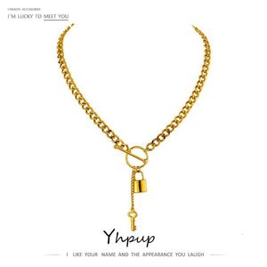 Pendant Necklaces Yhpup new 316L stainless steel jewelry punk metal lock pendant necklace with a minimum value of 18K galvanized chain J240226