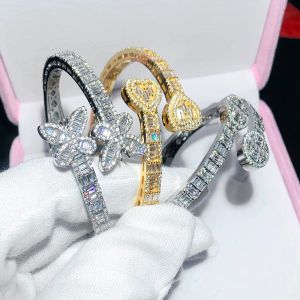 Iced Out Bling Baguette CZ Butterfly Heart Bracelet Zircon Oval Charm Opened Bangle For Men Women Hiphop Luxury Jewelry3075