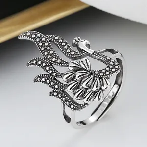 Cluster Rings S925 Sterling Silver Exaggerated Hollow Peacock Phoenix Ring Personality Fashion Ethnic Style Classical For Men And Women