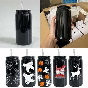 USA in stock Bicchiere da birra soda in vetro borosilicato nero da 16 once senza BPA, lattina per tazze da caffè all'aperto, bottiglia d'acqua con coperchi in pp neri e cannuccia trasparente per involucri UV e vinile