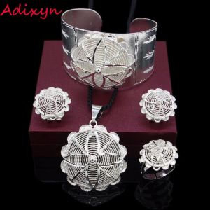 Colares Adixyn NOVO Conjunto de joias de noiva banhado a prata Eritreia/Etíope/Africano Colar/Pingente/Pulseira/Brinco/Anel Conjuntos de joias de casamento
