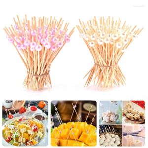 Forks 100Pcs Pearl Cocktail Picks Wooden Toothpick Skewer Snack Fork Fruit