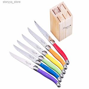 Kitchen Knives 6pcs 9 Rainbow Dinner Knives in Wood Holder Laguiole Style Steak Knife Stainless steel Restaurant Cutlery Kitchen Flatware set Q240226