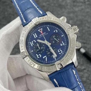 Наручные часы Роскошные мужские часы с синим циферблатом Супер кварцевый хронограф с кожаным ремешком Мужские часы Водонепроницаемые мужские