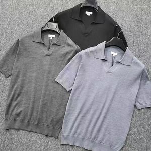 Polos masculinos 2024 desconto de alta qualidade ultra fino lã merino primavera verão negócios v pescoço manga curta polo t-shirt tops tees