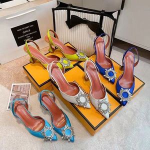 Amina Muaddi Dress Shoes Sandals Satin Slingbacks Bowtie Pumps Crystal-Sunflower High Heeled Shoe 10cm Women 's Luxury Designer Party Wedd 60JM#