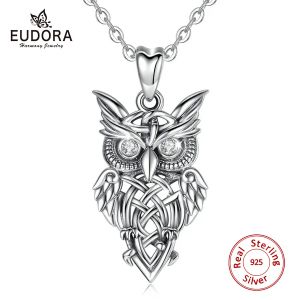 Necklaces EUDORA 925 Sterling Silver Owl Pendant Vintage Silver Series Necklace with clear CZ Crystal Fashion Jewelry for Women Man CYD445