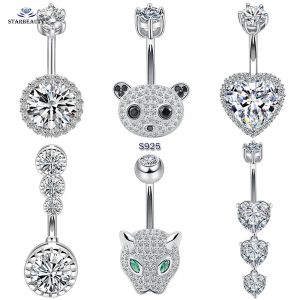 Kedjor lyx 925 Sterling Silver Belly Piercing Silver 925 Crystal Heart Navel Piercing Jewelry Panda Belly Button Rings 6/8/10mm Bar