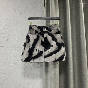 Skirts Fashion Womens Denim Skirt Hiugh Waist Tie-dyed Printed Burr Above Knee Streetwear Spring Trendy