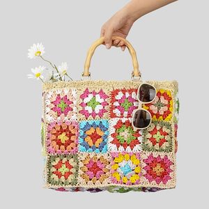 Bohemian Granny Square Staw Handbags Casual Paper Woven Bamboo Handle Women Hand Påsar Handgjorda sommarstrandväska stor tygväska 2024