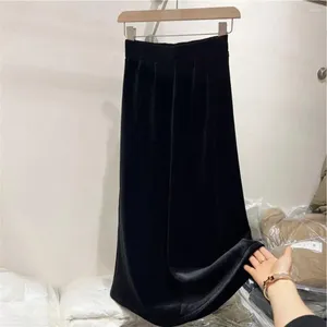 Skirts Black Long Skirt Women's With Split Hem Soft Elastic High-waisted Fabric 2024 Woman Ropa De Mujer