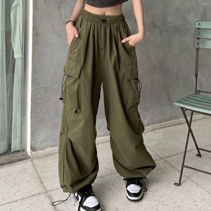 Calças femininas mulheres soltas carga estilo americano vintage calças casuais cintura elástica com bolsos cor sólida moda streetwear